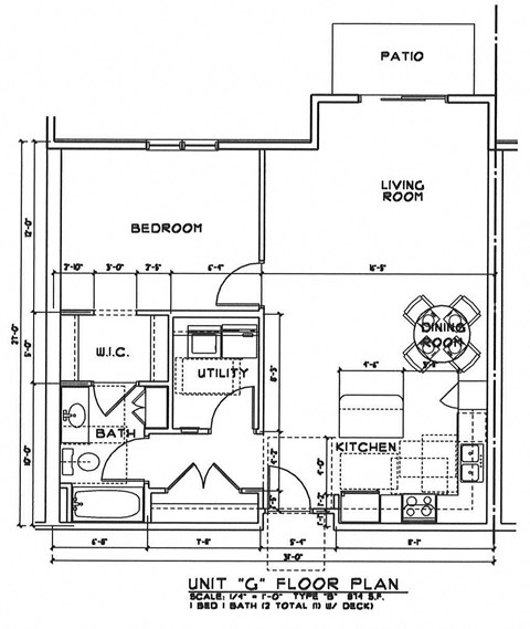 Floor plan for 1 bed, 1 bath, 874 sqft